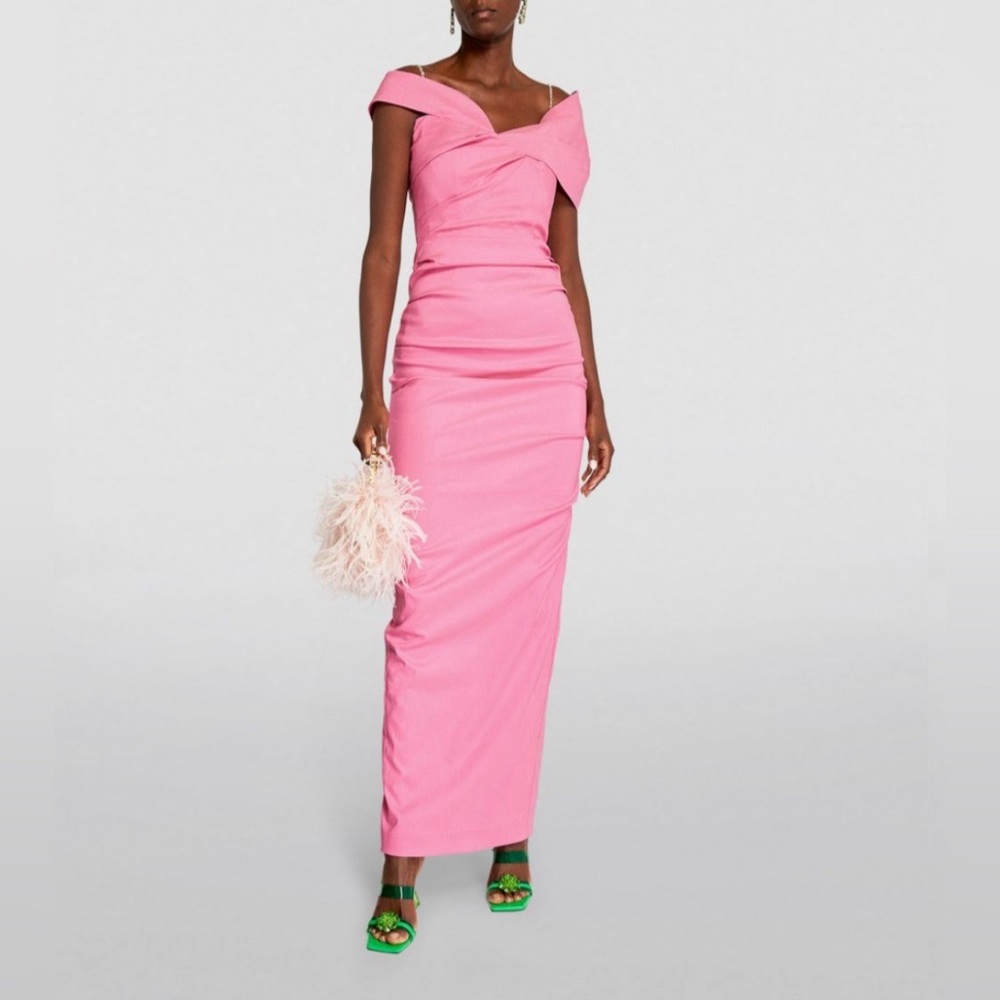 Rachel Gilbert Pink Dahlia Embellished Shoulder Strap Column Gown AU1/US4 NWOT